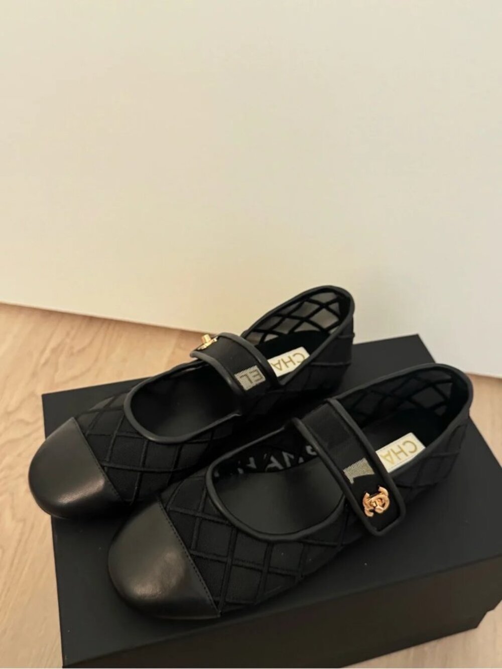 Chanel Black Mesh Mary Jane Flats Gold CC